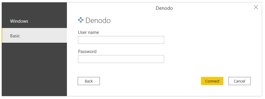 Power BI Desktop'ta Denodo temel kimlik doğrulaması.