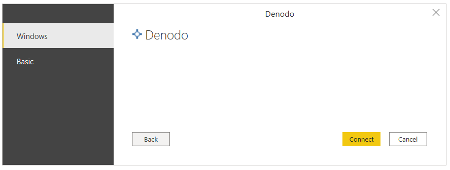 Power BI Desktop'ta Denodo Windows kimlik doğrulaması.