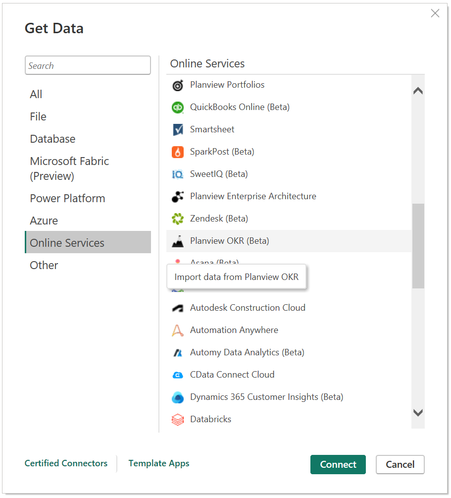 Online Services kategorisinin ve Planview OKR bağlayıcısının vurgulandığı ekran görüntüsü.