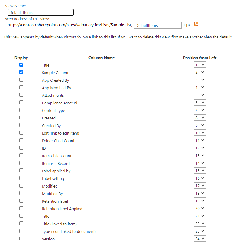 SharePoint Online listesindeki belirli bir görünüm için görünüm ayarlarının bir örneğini gösteren ekran.