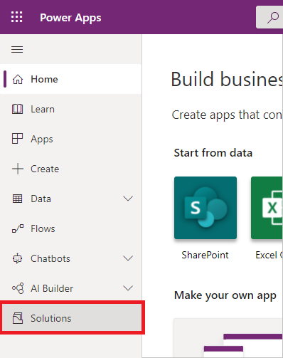 Çözümler seçeneğinin vurgulandığı sol gezinti çubuğunun ekran görüntüsü.