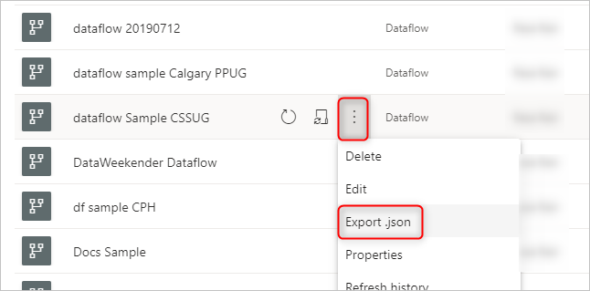 Veri akışından model.json dosyasını dışarı aktarmayı gösteren veri akışı listesinin ekran görüntüsü.