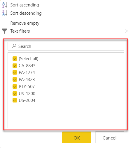 Power Query'de otomatik filtre menüsü.