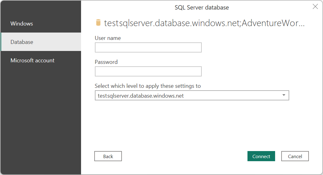 SQL Server veritabanı bağlayıcısı kimlik doğrulama yöntemlerinin ekran görüntüsü.