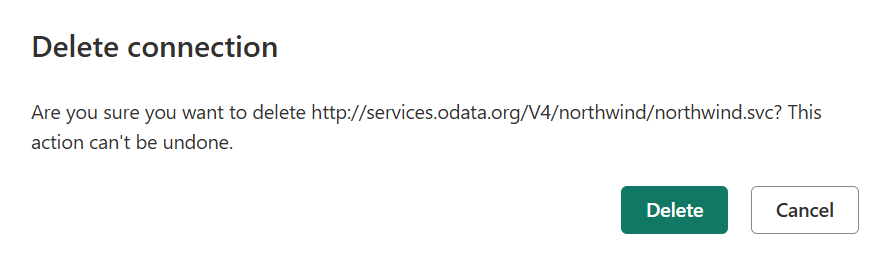 Seçili OData bağlantısı için bağlantı silme iletişim kutusunun ekran görüntüsü.