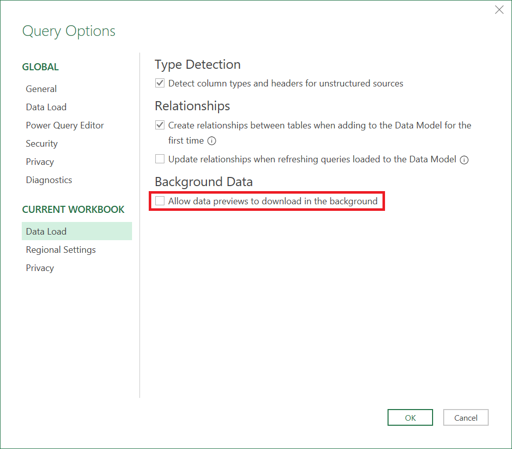 Excel'de arka plan çözümlemesi devre dışı bırakılmış Sorgu seçeneklerini gösteren resim.