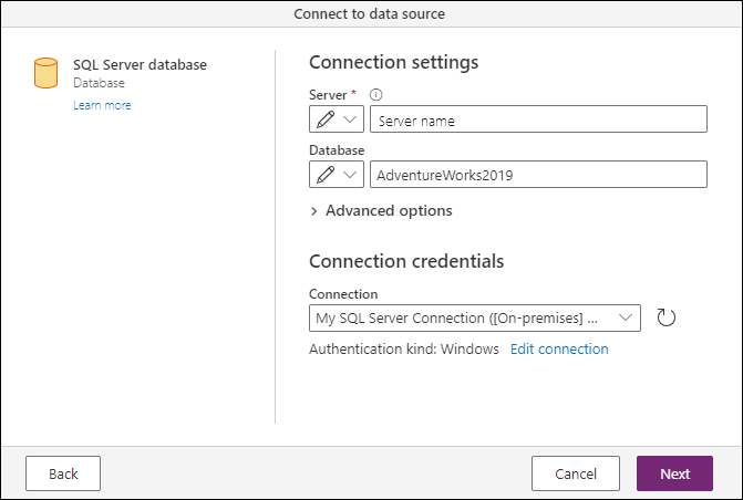 SQL Server'ın yerel bir örneğindeki AdventureWorks2019 veritabanına bağlantı için bağlantı ayarları iletişim kutusu.
