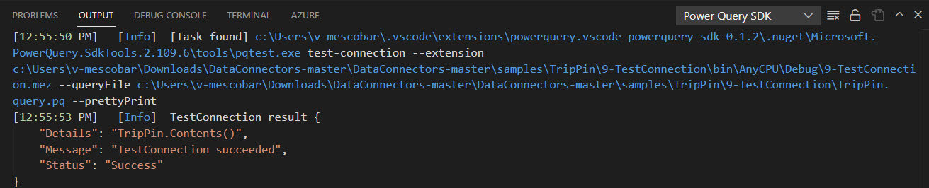 Power Query SDK'sında TestConnection Çalıştır işlevinin sonucu.