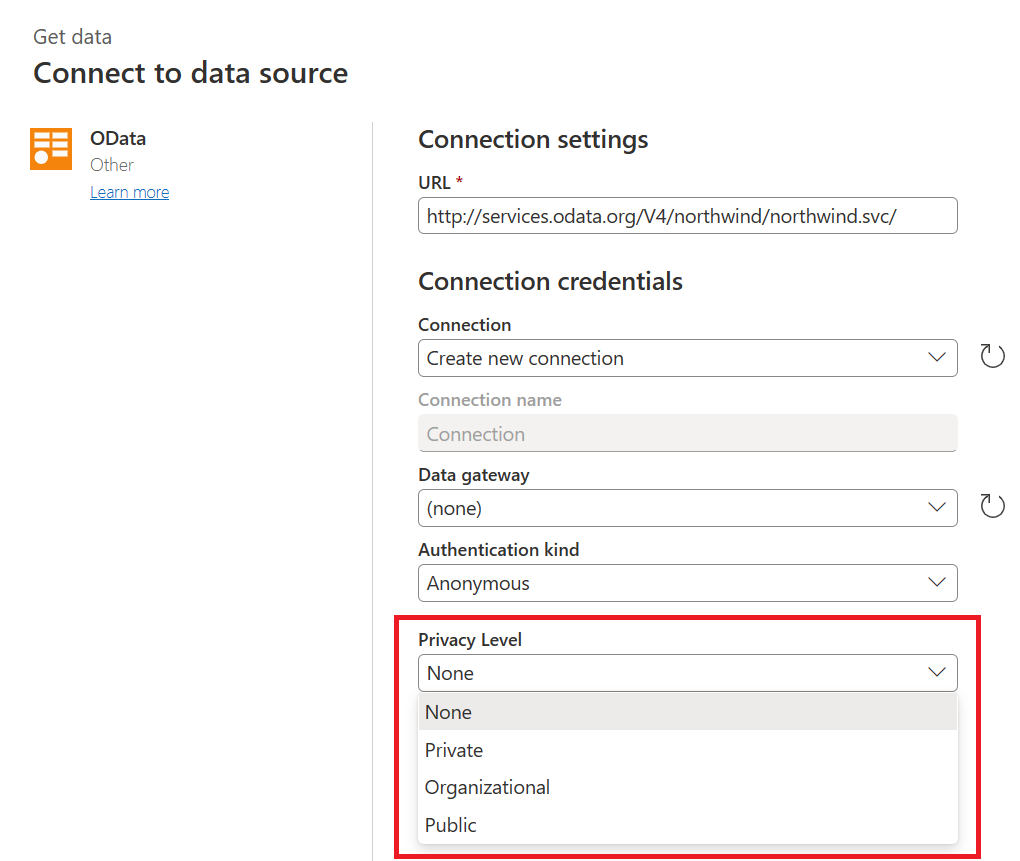 Gizlilik düzeylerinin vurgulanmış olduğu örnek OData veri kaynağına bağlan iletişim kutusunun ekran görüntüsü.