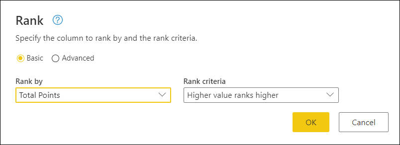 Rank basic dialog with only the Total Points field selected with a rank criteria of Higher value ranks higher.