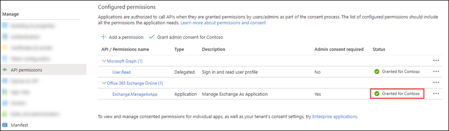 Admin consent granted for Exchange.ManageAsApp permissions.
