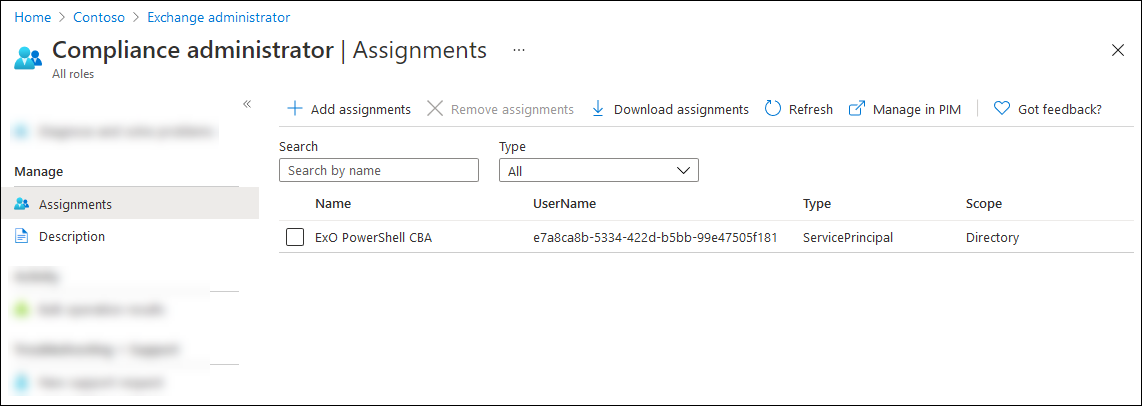 The role assignments page after to added the app to the role for Security & Compliance PowerShell.