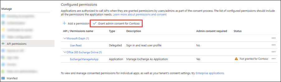 Admin consent required but not granted for Exchange.ManageAsApp permissions.