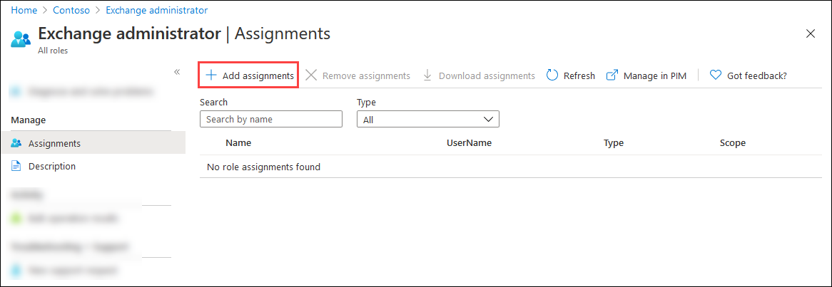Select Add assignments on the role assignments page for Exchange Online PowerShell.