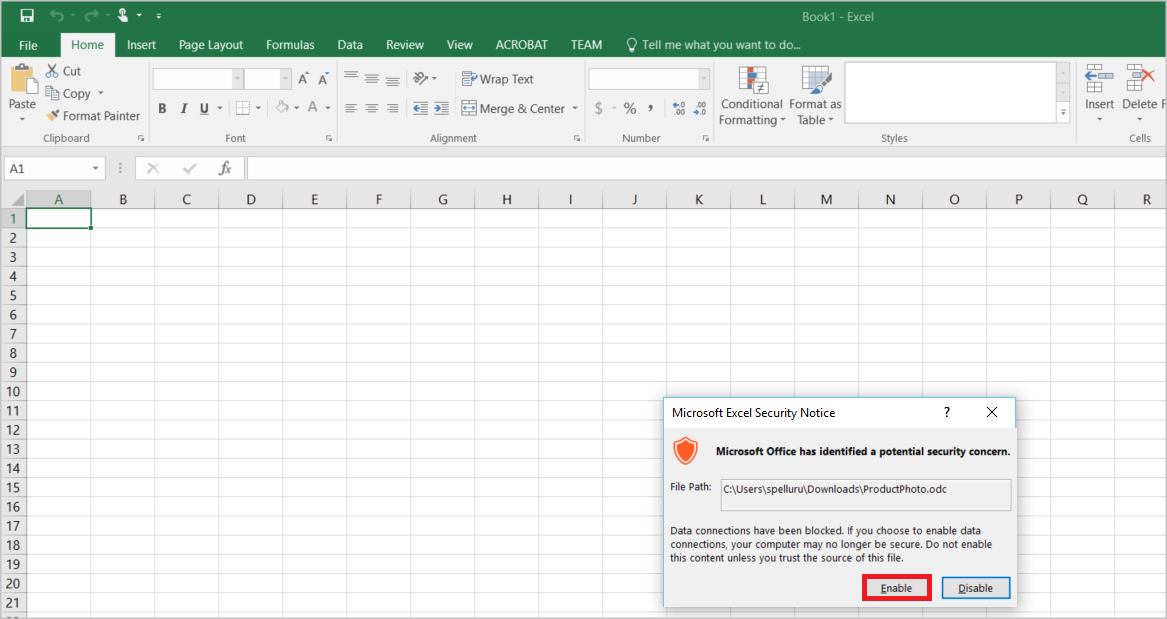 Microsoft Excel Güvenlik Bildirimi açılır penceresinde Etkinleştir düğmesi seçilidir.