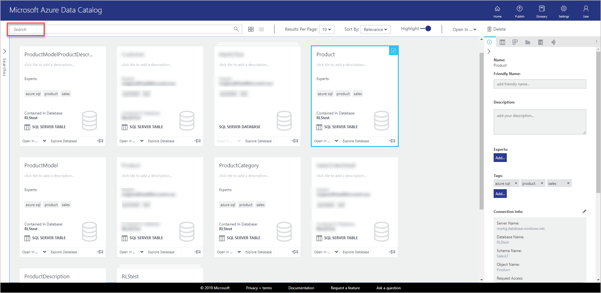 Microsoft Azure Veri Kataloğu penceresinde, kayıtlı nesnelerin her biri için kılavuz görünümünde yeni kutucuklar vardır.