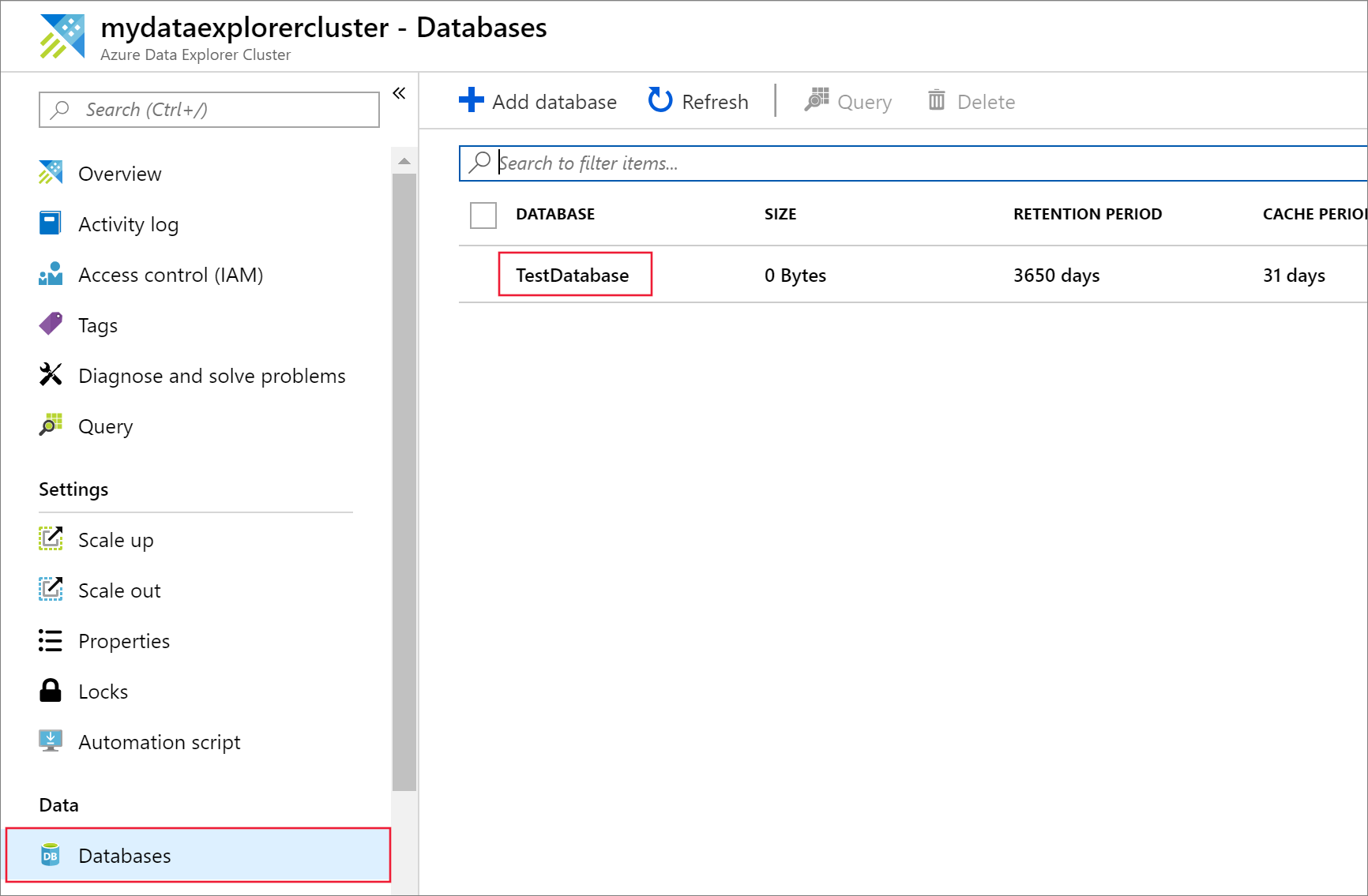 Test Veritabanı öğesinin seçili olduğunu gösteren Azure Veri Gezgini web U I sol menüsünün ekran görüntüsü.