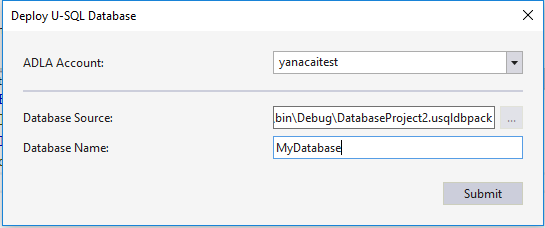 Visual Studio için Data Lake Araçları - U-SQL veritabanı projesi dağıtım sihirbazı