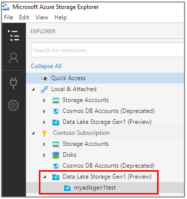 Data Lake Storage 1. Nesil düğümünde örnek bir hesabı gösteren ekran görüntüsü