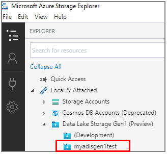 Kullanıcı arabirimindeki Data Lake Storage 1. Nesil (Önizleme) düğümü altında listelenen Data Lake Storage 1. Nesil hesabını gösterir