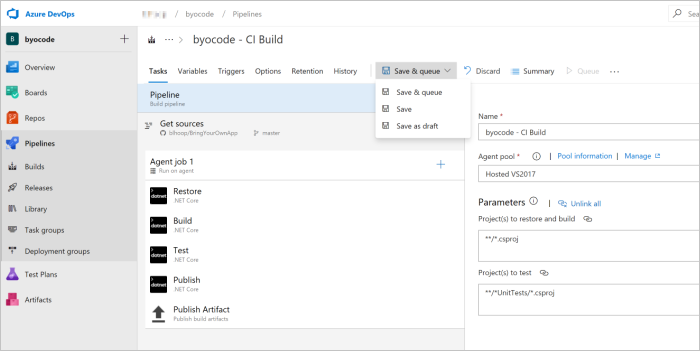 Azure DevOps yapılar sayfası