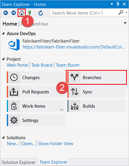 Screenshot showing Branches in Team Explorer.