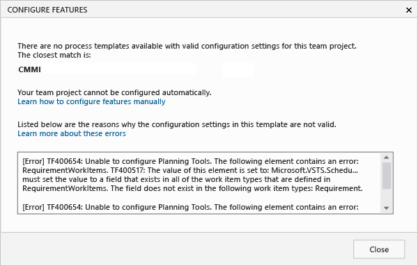 Configure features wizard returns error messages