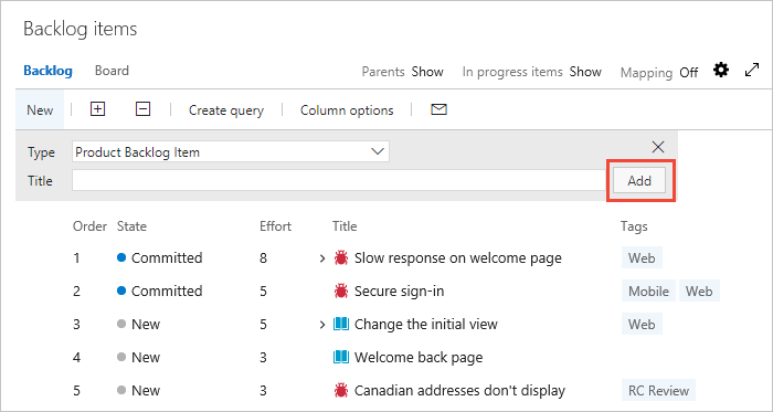 Screenshot of work items added to backlog.