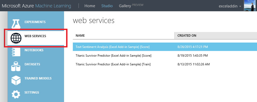 Studio bir Web hizmeti seçin