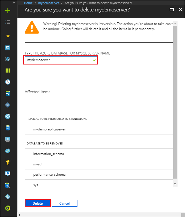 MySQL için Azure Veritabanı - Ana şablonu silme onayı