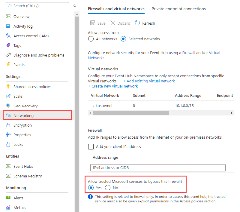 Güvenilen hizmetlere erişime izin verme seçimini gösteren Event Hubs ağ sayfasının ekran görüntüsü.