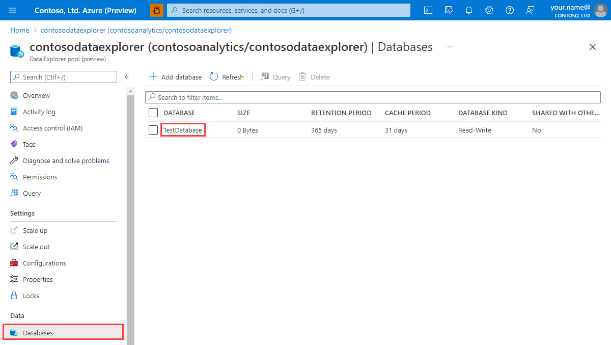 Seçme test veritabanını gösteren test veritabanı havuzunun ekran görüntüsü.
