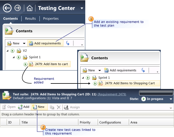 Bir Test planına gereksinimler ve Test durumları ekleme