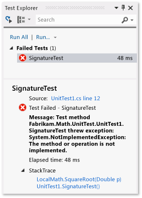 Birim Test başarısız bir test gösteren Explorer