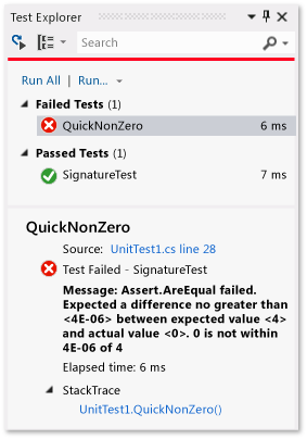 Birim Test Explorer başarısız bir test ile