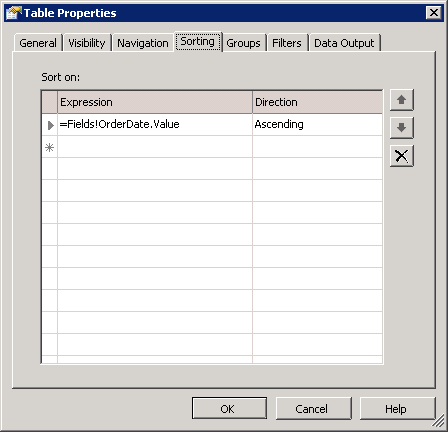 Sorting tab, Table Properties page