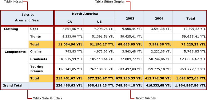 Önizleme, Tablix köşesi, satır ve sütun grupları, gövde