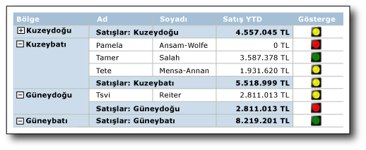 Tablo satırlarında göstergeler içeren rapor