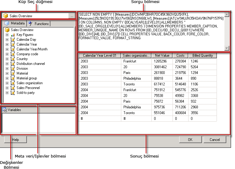 Sorgu görünümünde SAP BW MDX sorgu tasarımcısı