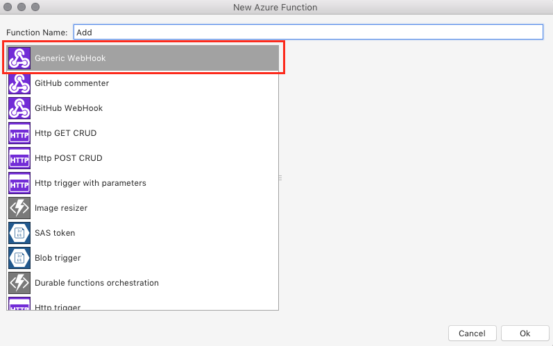 New azure functions dialog