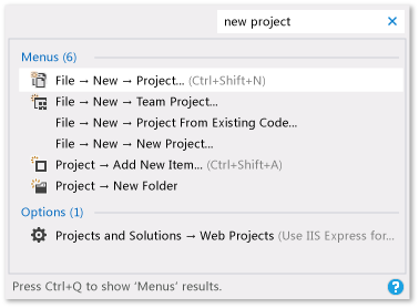 'Yeni Proje' hızlı başlatma sonuçları