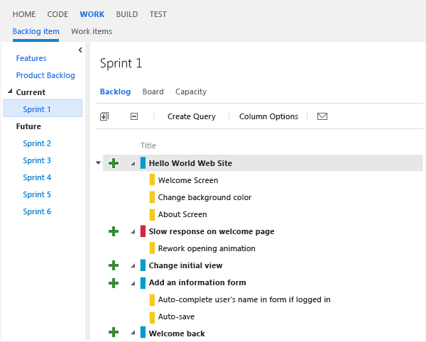 Sprint biriktirme listesi öğeleri, görevleri ve hataları gösterir.