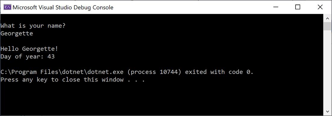 Screenshot of the Debug Console window showing the prompt for a name, the input, and the output.