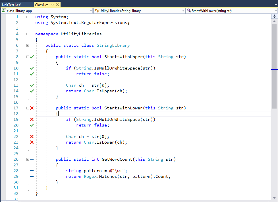 Screenshot that shows code coverage in Visual Studio.