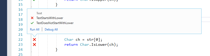 Screenshot that shows test status for a symbol in Visual Studio.