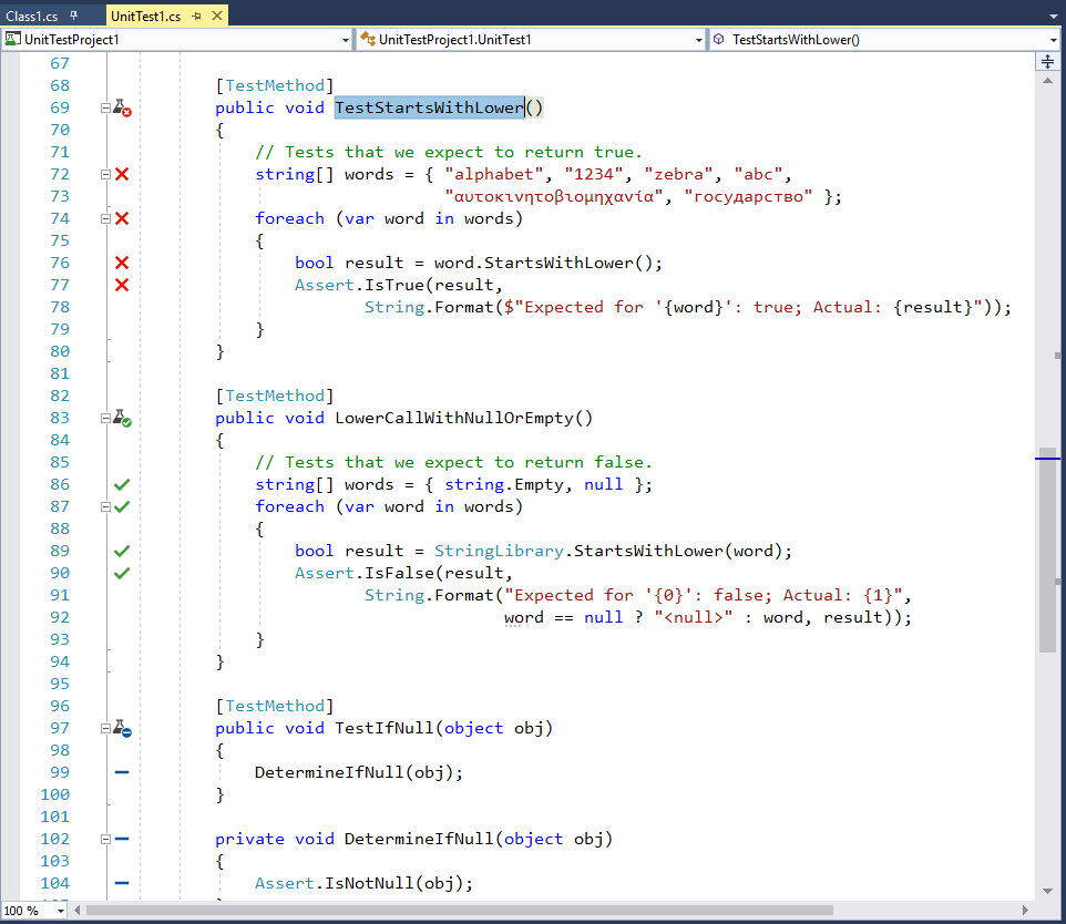 Screenshot that shows test methods in Visual Studio with passed or failed symbols.