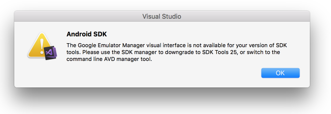 Android Öykünücü Yöneticisi uyarı iletişim kutusu