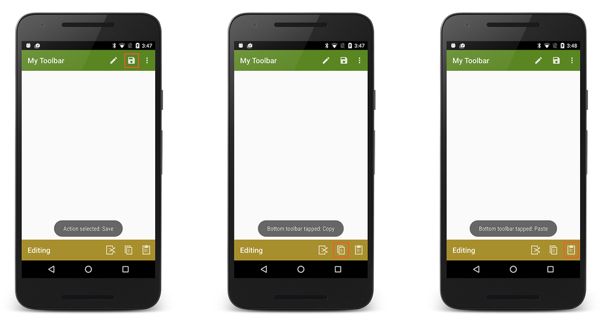 Dokunmakta olan Kaydet, Kopyala ve Yapıştır menü öğelerinin Bildirim ekran görüntüleri