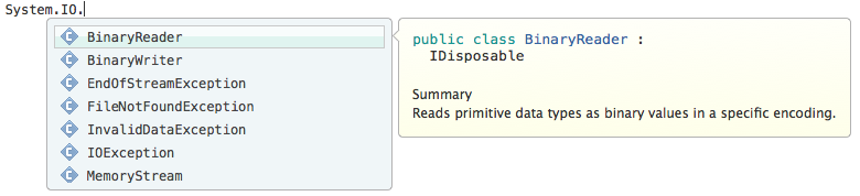 PCL'nin System.IO sınıfında 14 sınıfın Intellisense listesi