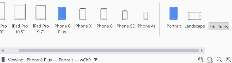 The bottom toolbar, expanded to show devices and orientations The bottom toolbar, expanded to show devices and orientations